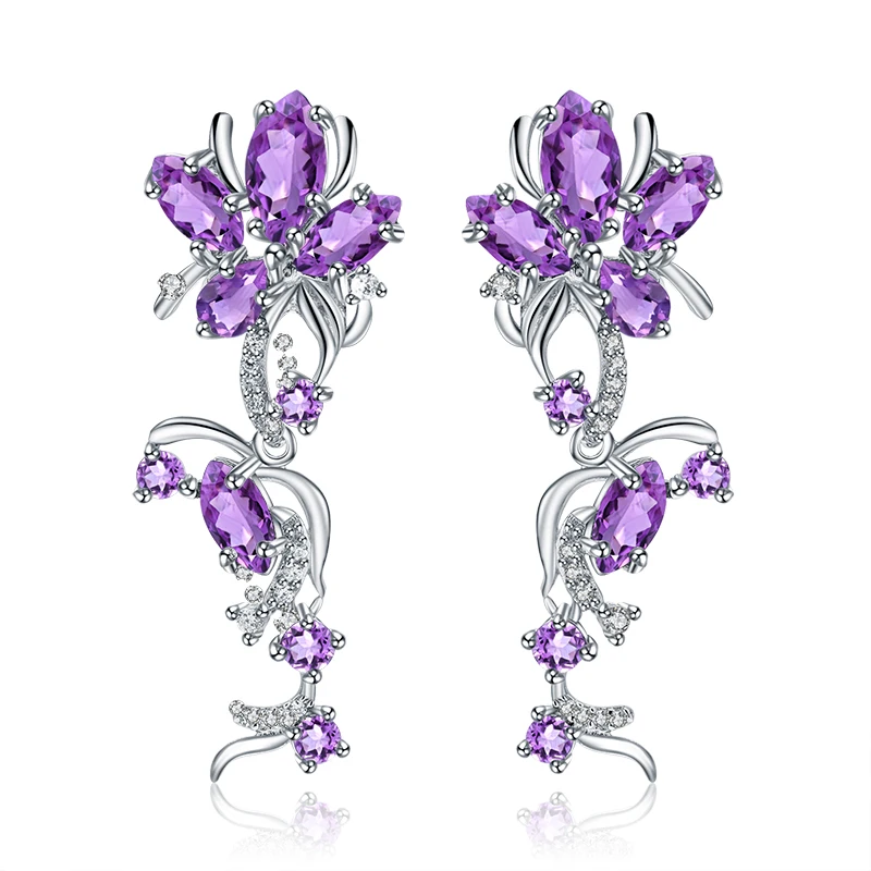 

GEM'S BALLET 7.28Ct Natural Amethyst Gemstone Earrings 925 Sterling Silver Flower Elegant Drop Earrings for Women Fine Jewelry