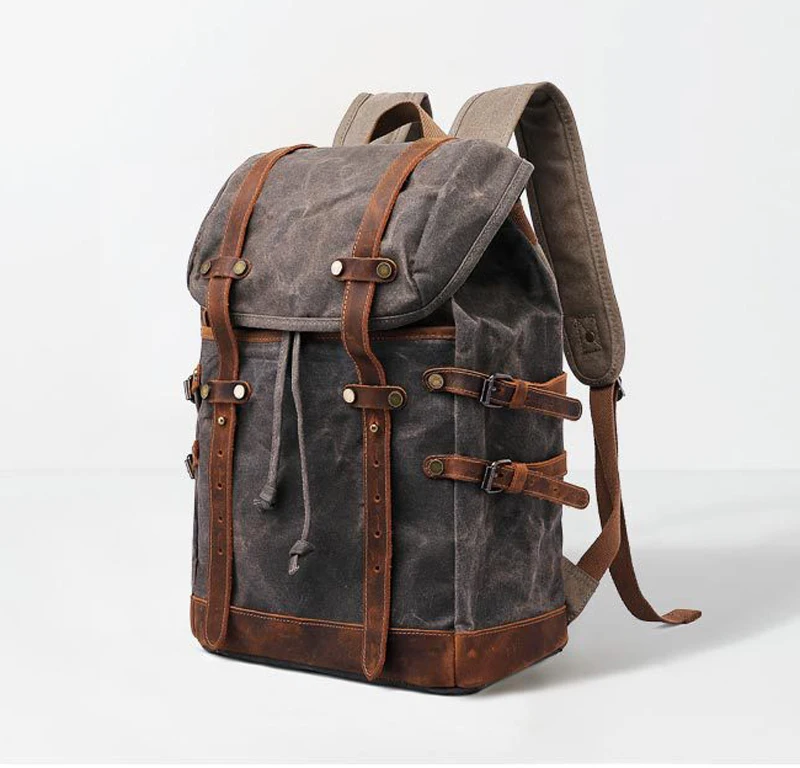 Waterproof Waxed Canvas Backpack Vintage leather men Bagpack large Rucksack School Bag Hiking Backpacks Daypack Mochila