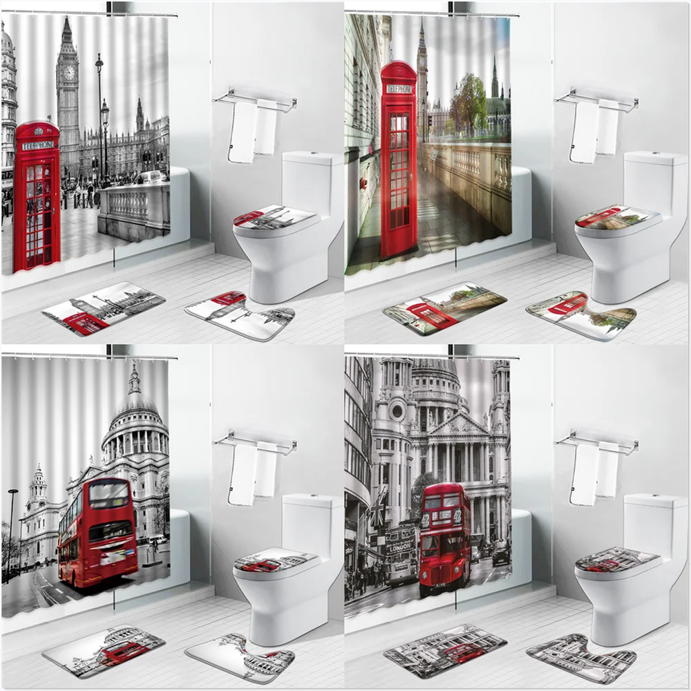 Red Telephone Hall Big Ben in London Shower Curtains Bath Mat Retro Landscape Bathroom Decor Set Non-Slip Rugs Toilet Door Mats