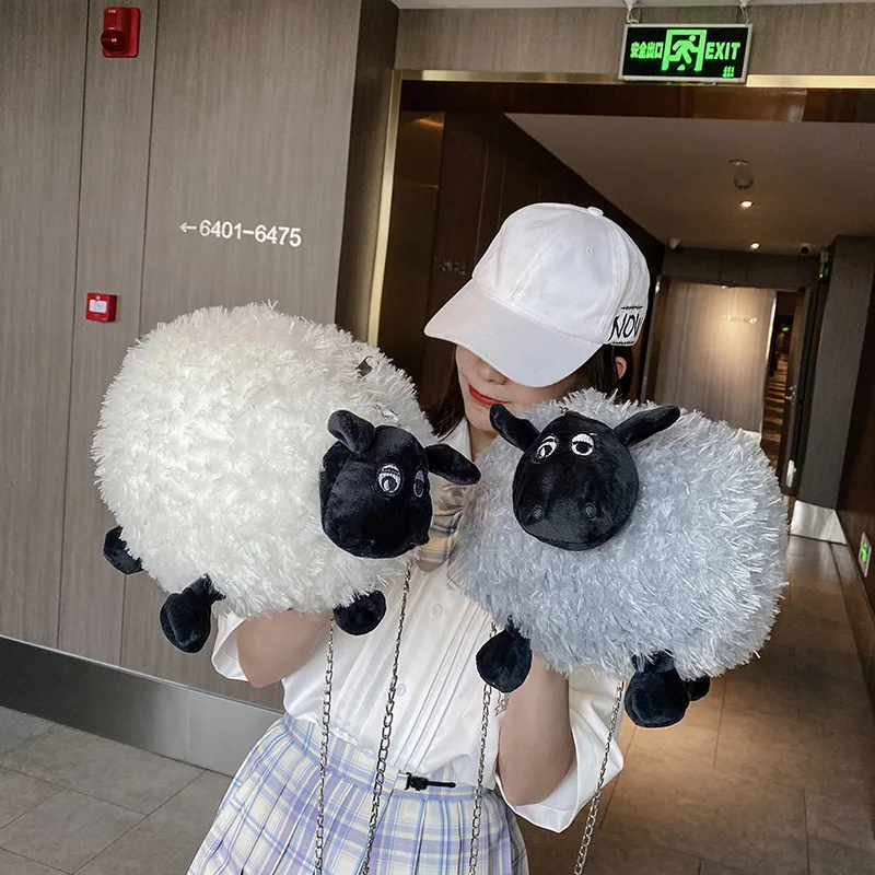 Cute Fluffy Soft Lamb Bag Women Cartoon Sling Bag Fluffy Animal Crossbody Bag Shoulder Bag Fur Soft Strip Bag Plush Back Pack