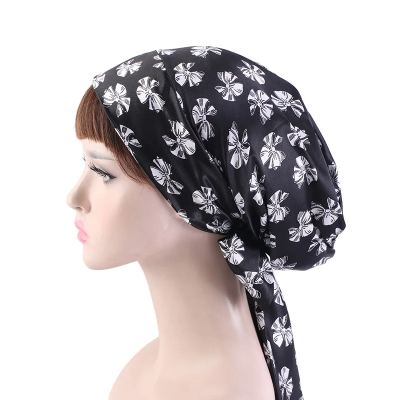 Gorro de dormir de noche de satén sedoso para mujer, con lazo turbante, Bandana ajustada preatada, gorro de quimio, camisón para pacientes con