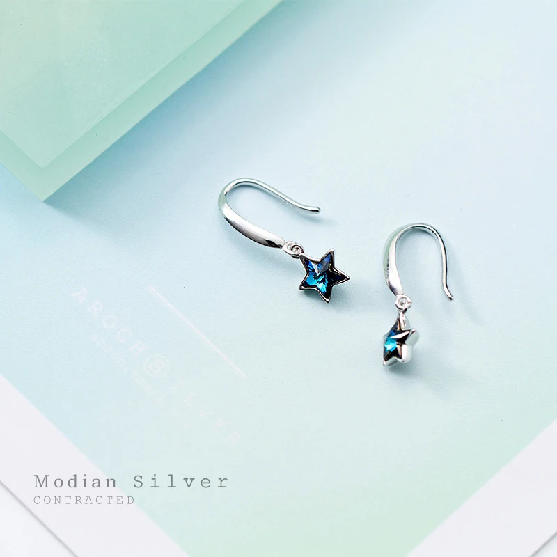 

Modian Blue Stars Crystal Dangle Earring for Women Fashion Pure 925 Sterling Silver Pentagram Hook Earring Fine Jewelry Brincos