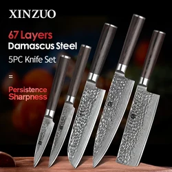 XINZUO 5PCS Kitchen Knives Set Japanese Damascus Stainless Steel New designed Knife Cleaver Nakiri Knife with Pakkawood Handle