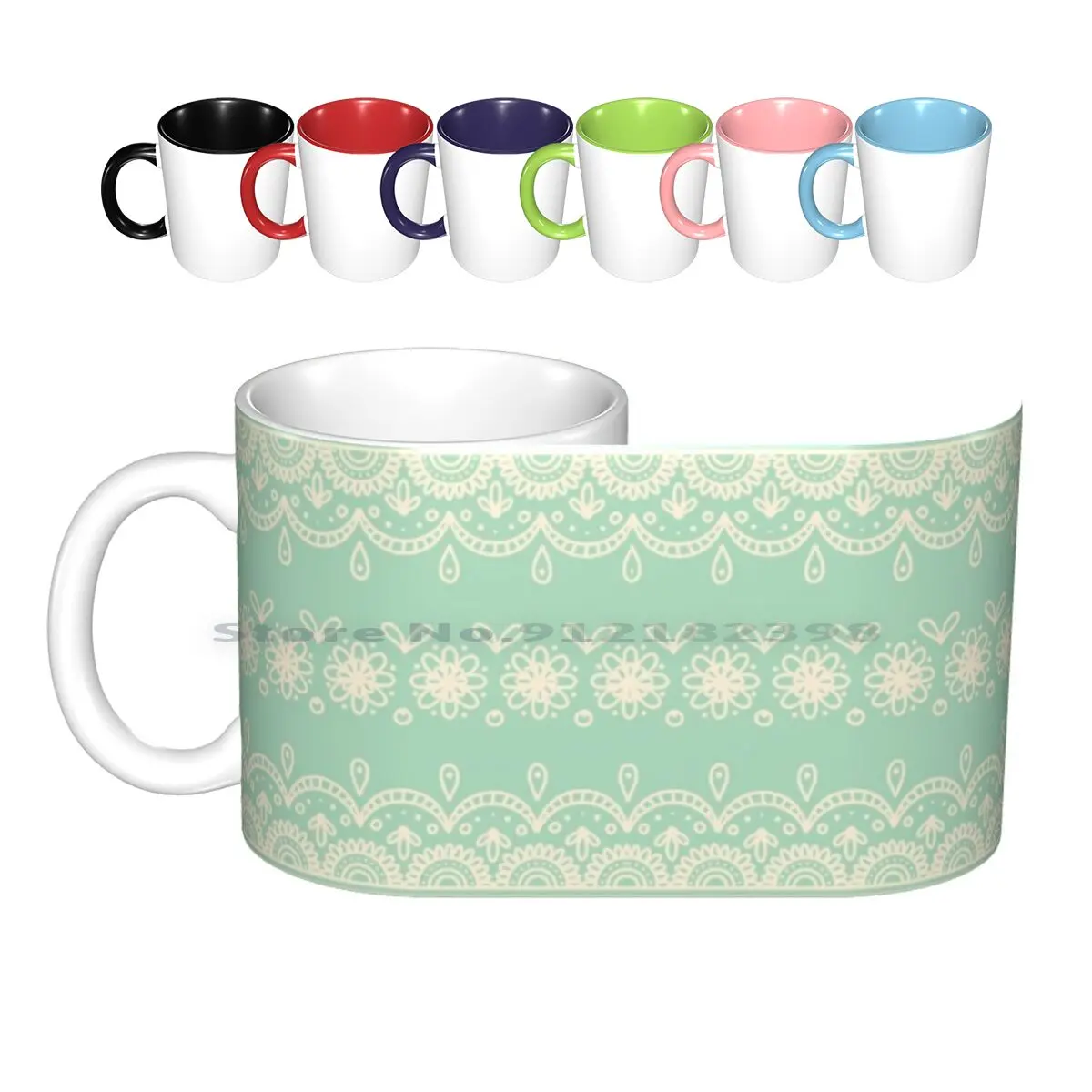 Minty Lace Border Ceramic Mugs Coffee Cups Milk Tea Mug Lace Lacy Mint Green Mint Green Pastel Pastel Green Pretty Cute Frilly