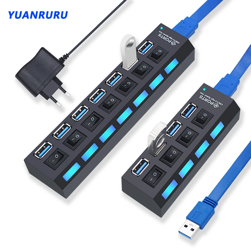 USB 허브 3.0 2.0 멀티 분배기 전원 어댑터, 4/7 포트 다중 확장기 2.0, PC 액세서리용 스위치 포함, 3