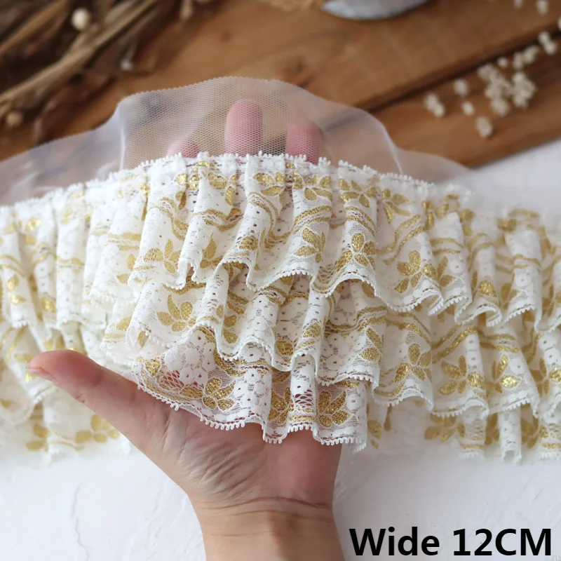 12CM Wide Luxury Three Layers Glitter Golden Embroidered Mesh Fabric 3d Pleated Lace Ruffle Trim Wedding Dresses Sewing Decor