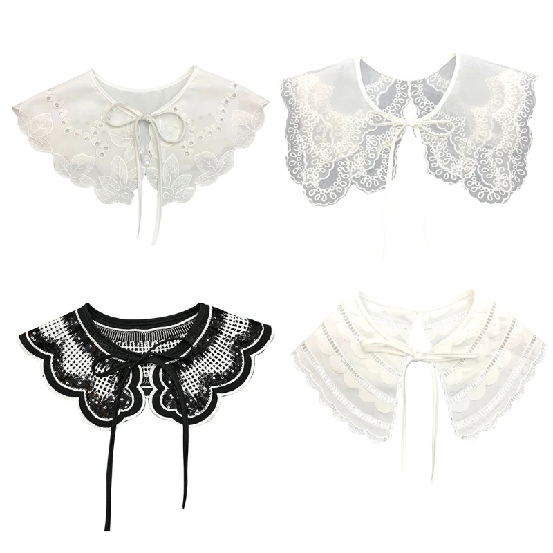 

Detachable Half Shirt False Fake Collar Embroidery Neck Ruff Shawl Dickey Mini Cape Lace-Up Ribbon Necklace Capelet