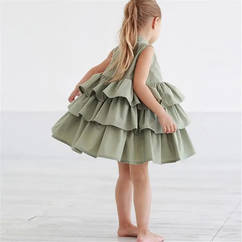 Summer Cute Black Green Ball Gown Girls Dresses Kid Girl Party Dress Sleeveless O Neck Cake Ruffled Tutu Bubble Dress 2-6 Years