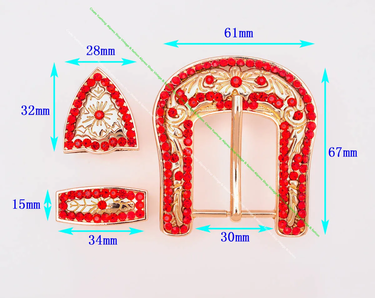 Bling GOLD Western COWBOY Rodeo 3ชิ้นชุดทดแทนดอกไม้แกะสลักหัวเข็มขัดคริสตัลพลอยเทียมสีแดงพอดีกับสาย30มม.
