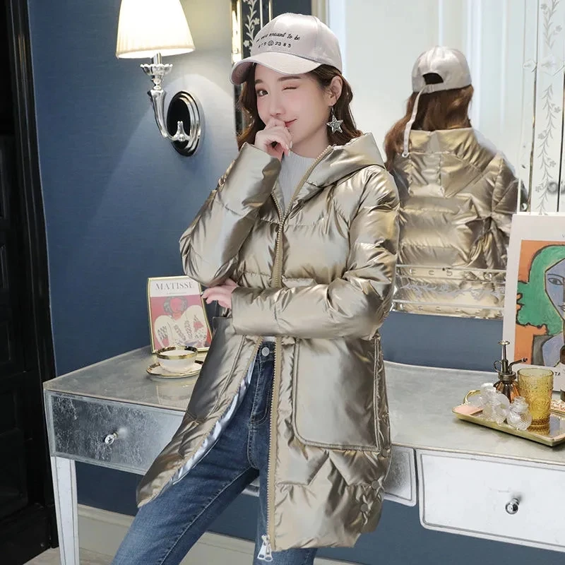 

Glossy Down Cotton Coat Solid Color Hooded Midi Winter Thicken Warm Slim Jacket Waterproof Womens Outwear Cotton Padded Parkas