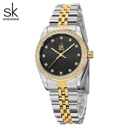 Shengke 2022 New Women's Watch Luxury Stainless Steel Bracelet Band Gold Rhinestone Decoration Precise Quartz Relogio Feminino