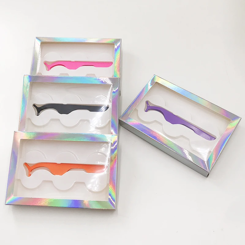 3 Pairs Lash Box with Lash Tweezer Holographic Color Eyelash Packaging without Lashes 20pcs custom logo