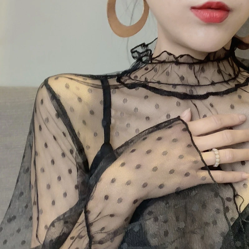 Polka Dot Sexy Sheer Mesh Top Women Spring Autumn Turtleneck Flare Sleeve Lace Blouse Korean Elegant Ladies Black White Top