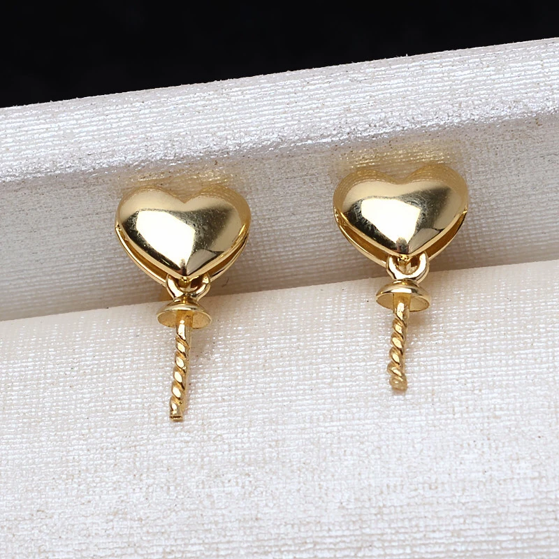 Nice Quality Heart Shape 18K Yellow Gold Stud Earrings Mountings Settings Parts AU750 Jewelry Findings for Pearls Beads Stones