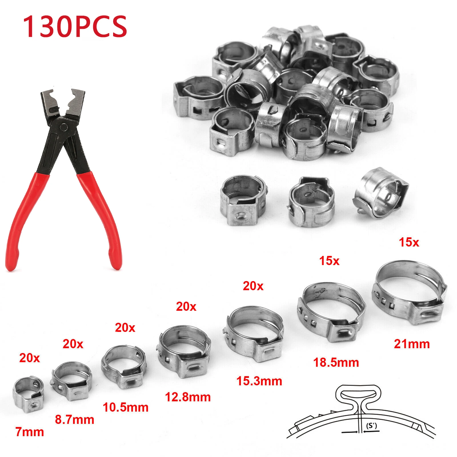 thumbnail image 2 of 130-Piece Single Ear Stepless Hose Clamp Set – 304 Stainless Steel With Pliers 2 of 12