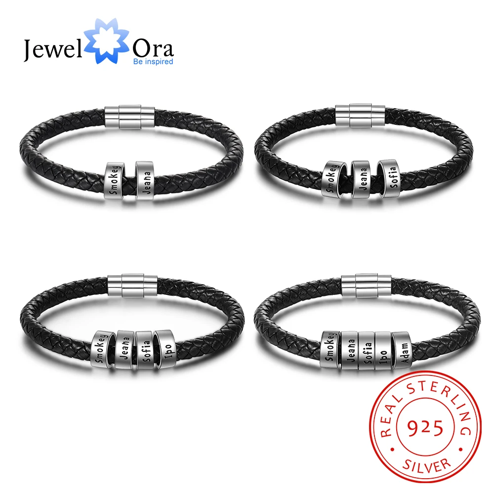 

JewelOra 925 Sterling Silver Personalized Custom 2- 5 Names Beads Bracelets for Men Charm Black Braided Leather Bracelet Jewelry