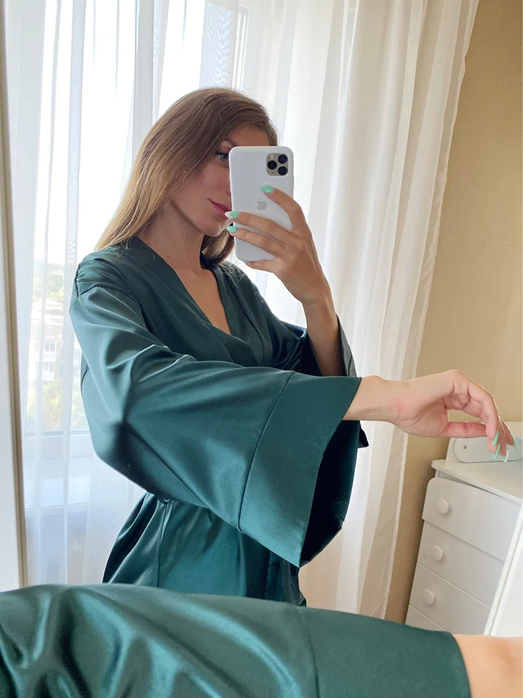 Solid Color Sleepwear Loose Flare Home Pants Three Quarter Sleeve Satin Robe Sets Bathrobe For Women Pajama Fashion Spring 2021