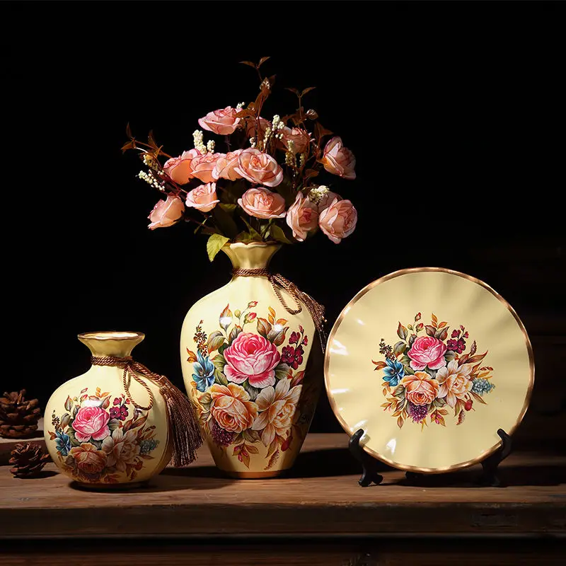 3Pcs/Set Ceramic Vase Dried Flowers Arrangement Wobble Plate Living Room Entrance Ornaments Home Decorations