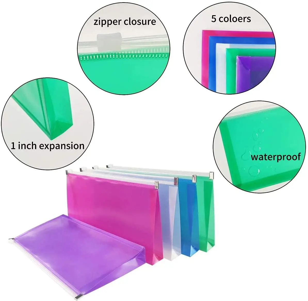10Pcs/Set 5 x 10 Inches Assorted Colors Clear Poly Zipper Plastic Envelopes Folder for Money Receipts Coupons Bills