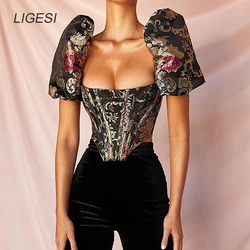 Blusa bordada floral negra para mujer, camisa de manga abombada, blusas de fiesta elegantes, tops Sexy, corpiño, corsé, top corto