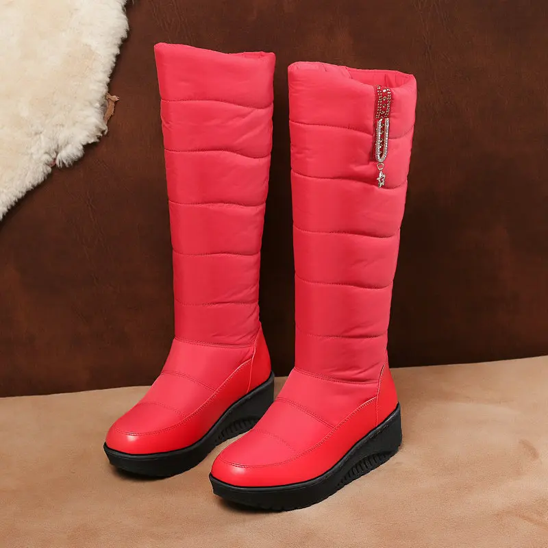 Winter Women Snow Boots Knee High Boots Warm Plush Star Crystal Waterproof Platform Shoes PU Patchwork Down Cloth Footwear