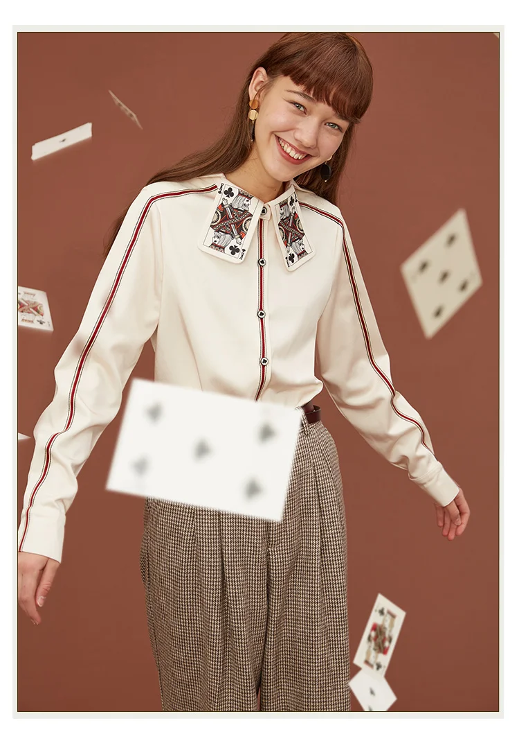 Women's Printed Stripe Shirt, Fun Playing Cards, Original Design, Spring and Autumn