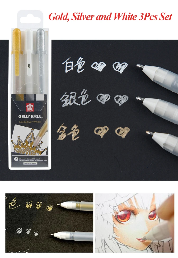 3 Stück SAKURA Gelly Roll Gelschreiber Highlight Marker für Journaling, Kunst, Zeichnen, klassische weiße Tinte, verschiedene Spitzen, fein, mittel, kräftig – Detail 7