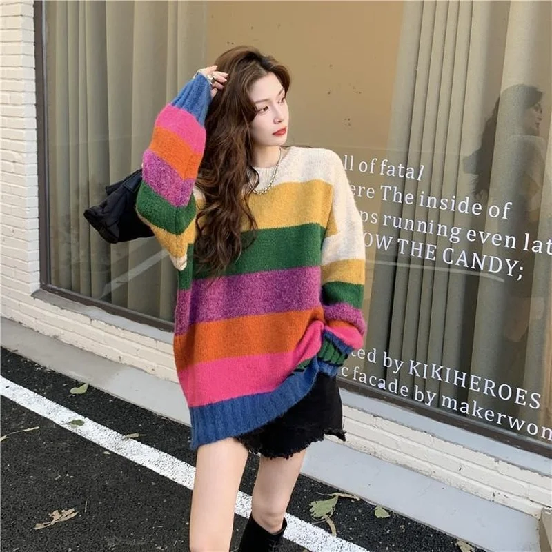 Pullovers Women O-neck Colorful Striped Full Sleeve Design Retro Lazy Winter Loose Knitting Lovely S-3xl Ladies All Match Casual