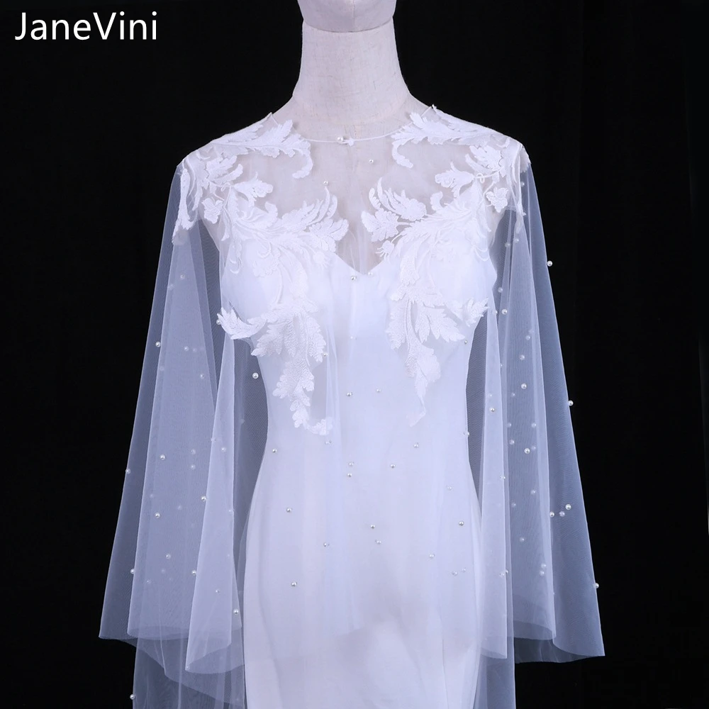 JaneVini Pearls High Low Wedding Wrap Tulle Prom Party Shawl Bolero White/Ivory Bridal Cape Elegant Wedding Jacket Accessories