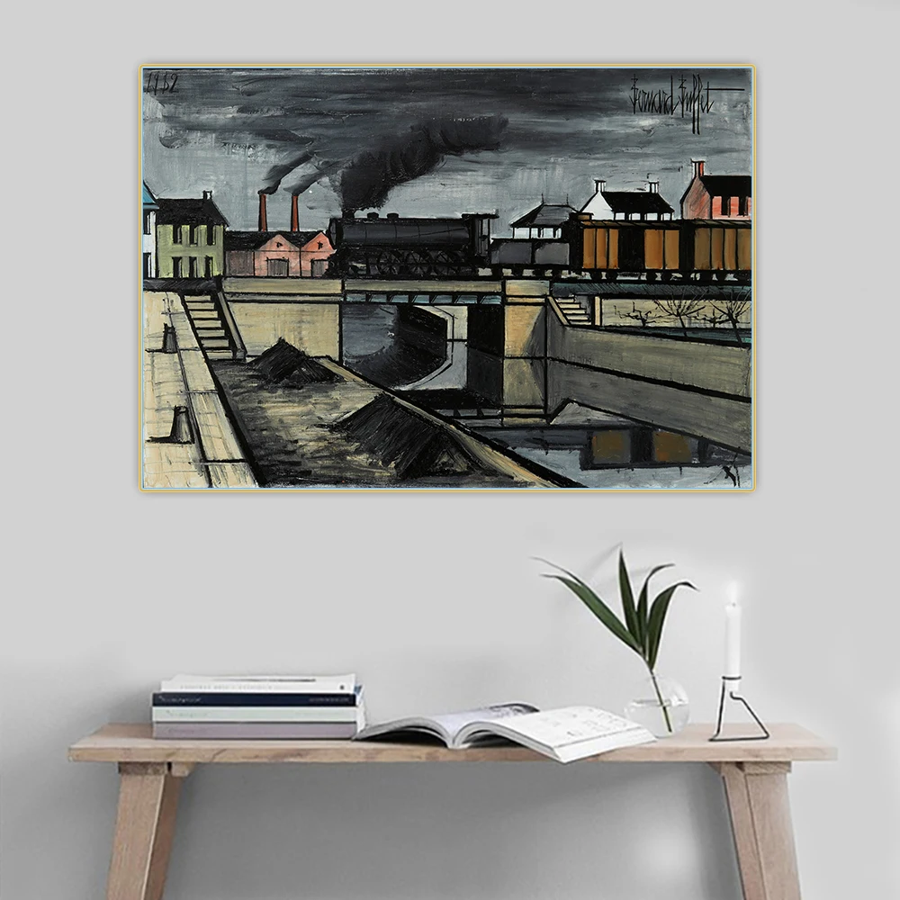 Bernard Buffet《Landscape with a locomotive,1982》Canvas Oil Painting Artwork Poster Picture Wall Hanging Decor Home Decoration