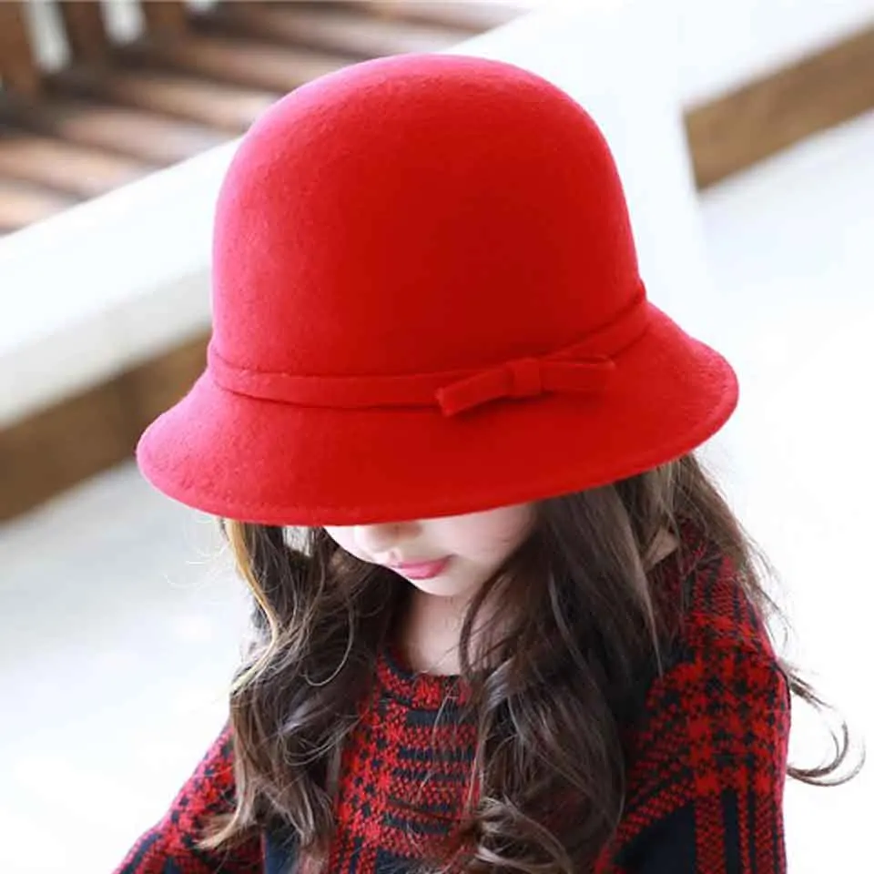 Vintage Parent-child Winter Women Solid Wool Felt Cloche Hats Kids Fedoras Bow Bucket Hats Warm Bowler Hats For Mom& Baby