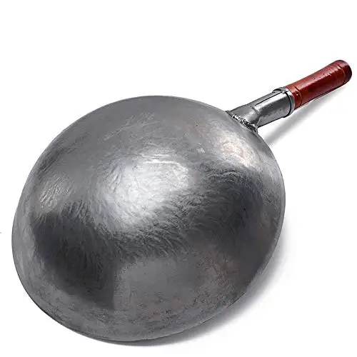 Chinese Carbon Steel Wok, Profession Chinese Traditional Hand Hammered Carbon Steel Pow Wok with Wooden Handle and Steel Helper