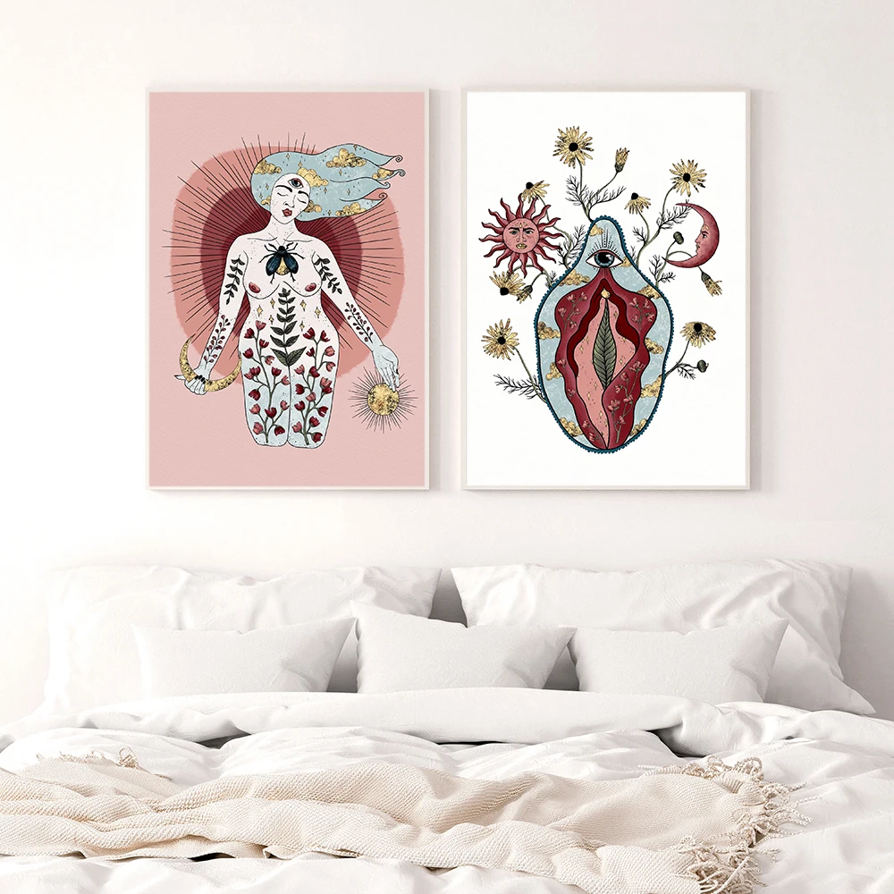 Sun And Moon Goddess Art Print Boho Feminist Poster Woman Uterus Ovary Vulva Vagina Canvas Picture Doctor Office Room Wall Decor