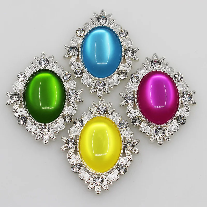 10Pcs 26*31mm Oval Cat Eye Rhinestone Button Silver Metal Wedding Bride Holding Flowers Decorate Hair Accessories Scrapbooking