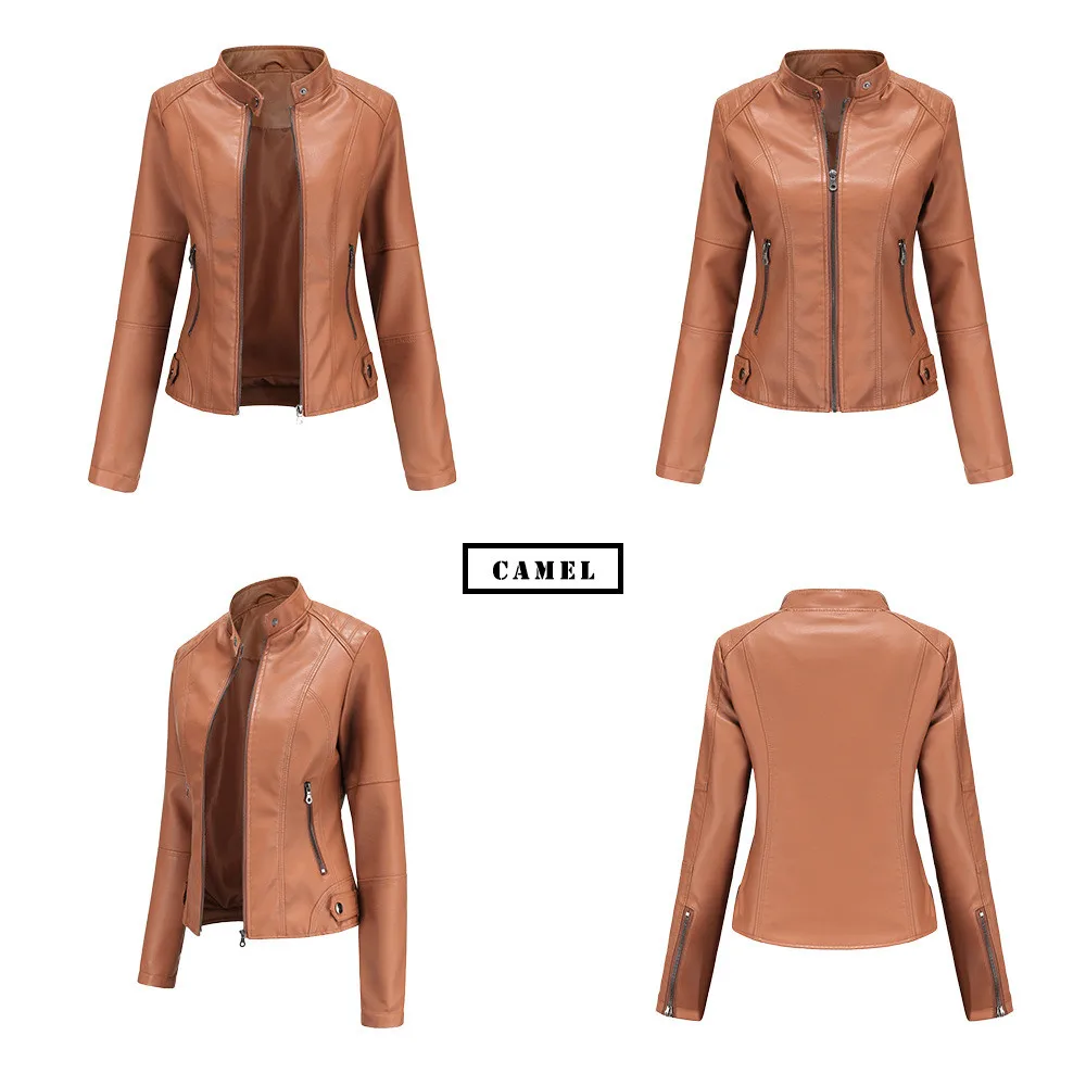 Women Leather Jacket Autumn Thin Ladies Motorcycle Jacket PU Leather Jacket Stand Collar Female Black Faux Leather Outwear