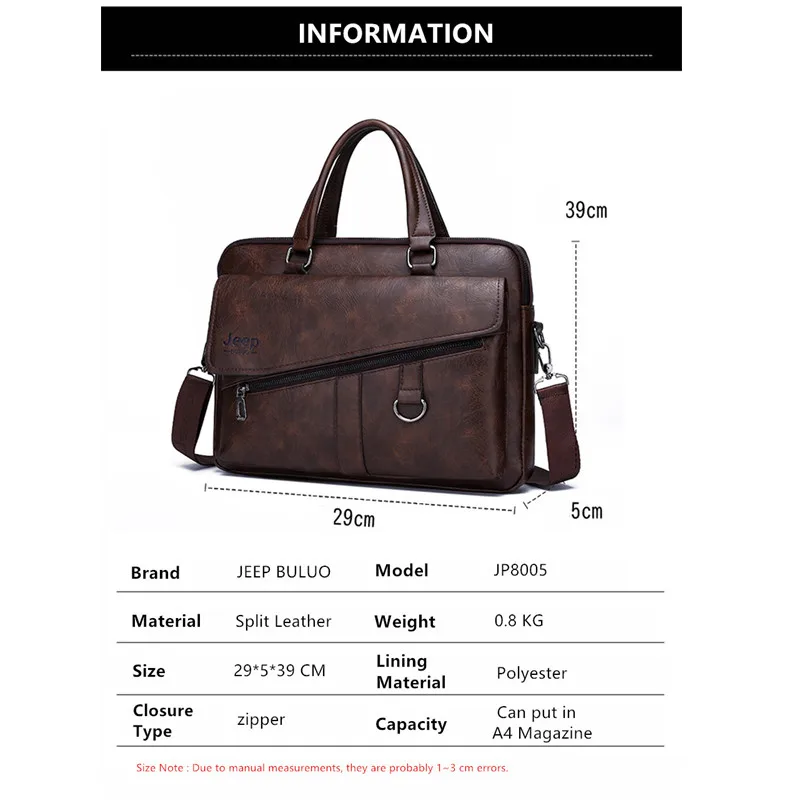 JEEP BULUO New Men Briefcase Split Leather Laptop Bag 14\