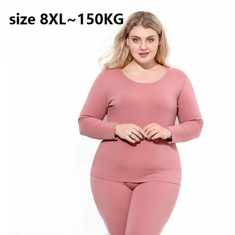 Plus Size 7XL 150kg 2 Piece/Set Thermal Underwear Women Long Sleeve Seamless Long Johns sets O Neck Fleece Keep Warm Home Wear