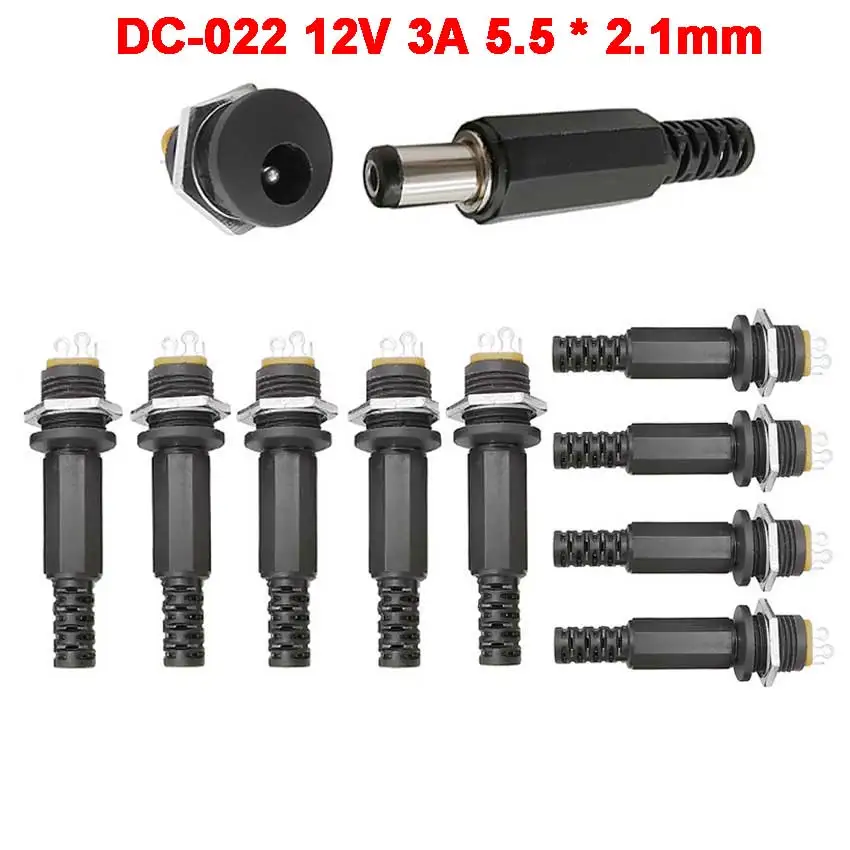 10Pairs 12V 3A 5.5 x 2.1mm Plastic Male Plugs DC022 DC Power Socket Female Jack Screw Nut Panel Mount Connector