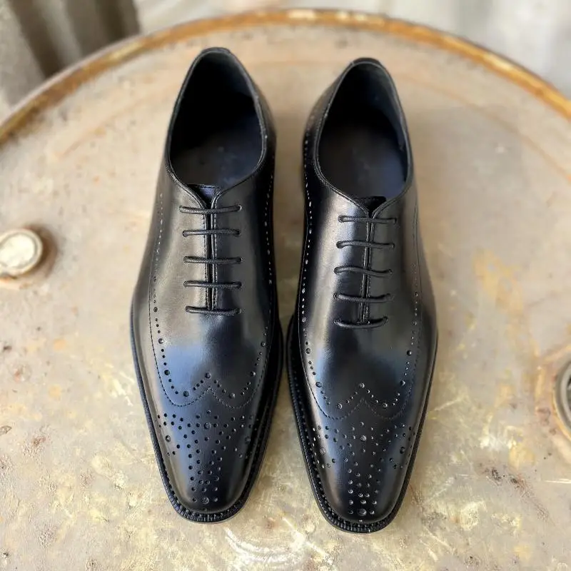 2020 Autumn Winter Black Dress Shoes For Men Italian Handmade Goodyear Welted Brogues Oxfords Grooms Formal Suits Social Black