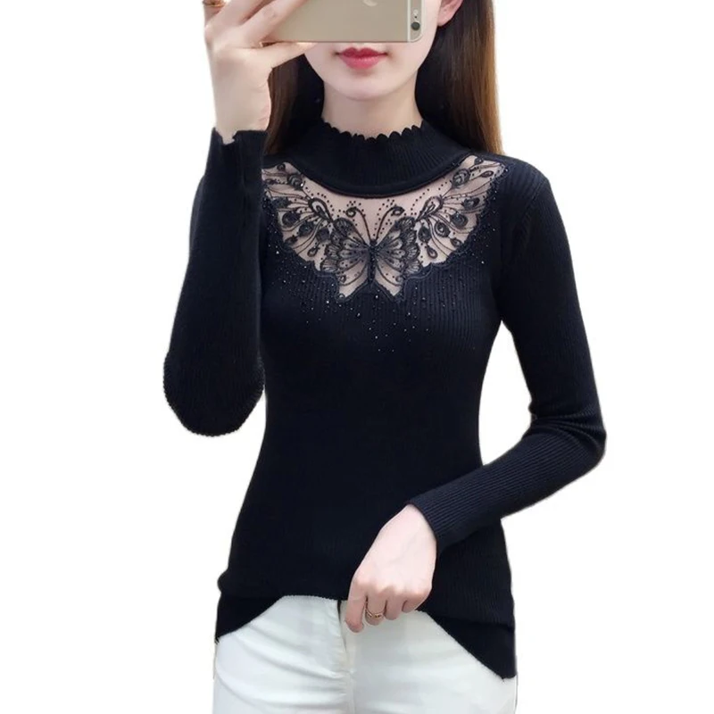 2022 Lace Winter Wave Turtleneck Pullovers Sexy Butterfly Hollow Out Autumn Red Sweaters Lady Diamond Full Sleeve Stretch Jumper