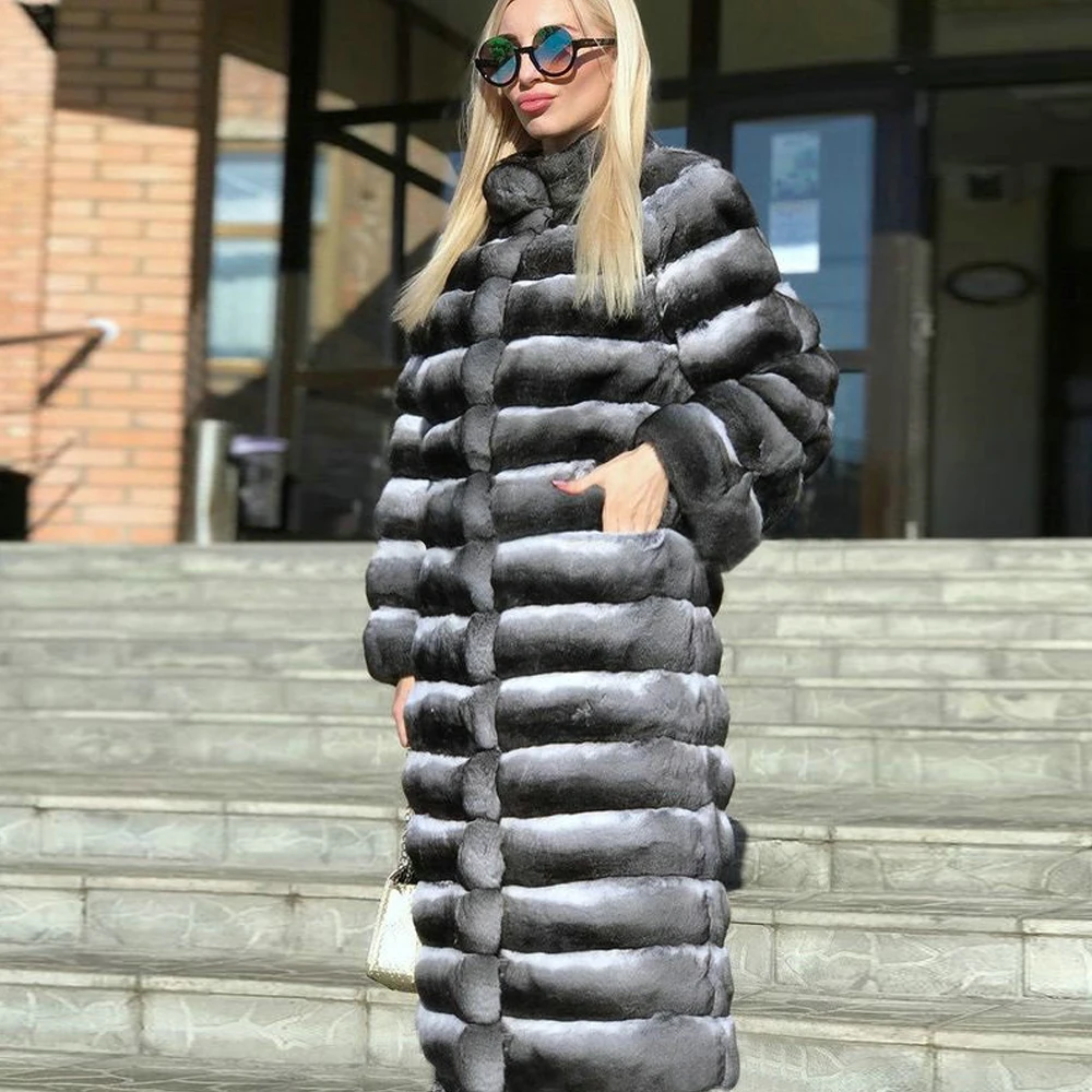 2022 Winter Woman Natural Rex Rabbit Fur Coat Stand Collar High Quality Long Real Rex Rabbit Fur Coats for Women Outwear Luxury