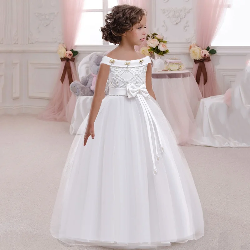 Girl Pink White One Shoulder Long Bridesmaid Dress Kids Bow Gown Clothes For Children Princess Party Wedding 12 13 14 Vestidos image 2