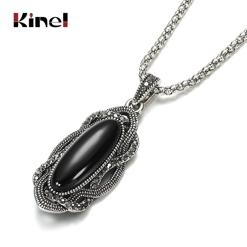 Kinel qualidade superior boho preto pedra colar tibetano mosaico de prata aaa cinza cristal grande oval colar para as mulheres jóias do vintage