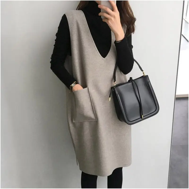 Woman Clothes Autumn Outfit Suits Fashion Winter Long Loose Two-piece Sweater Woolen Sundress Big Size Vest Set f1499