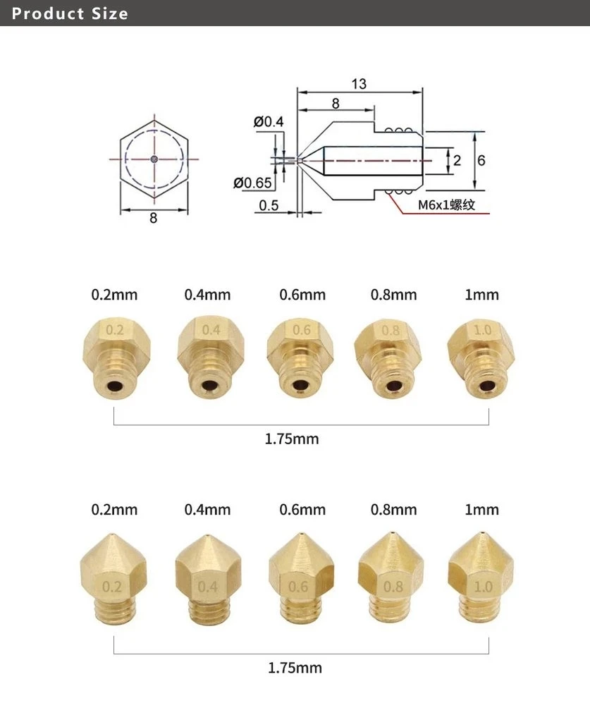 CREALITY CR-10S Pro/ V2/CR-10 MAX 3/5PCS Brass Nozzle 0.2/0.4/0.6/0.8/1.0MM For CR-10S Pro/CR-10 MAX 3D Printer