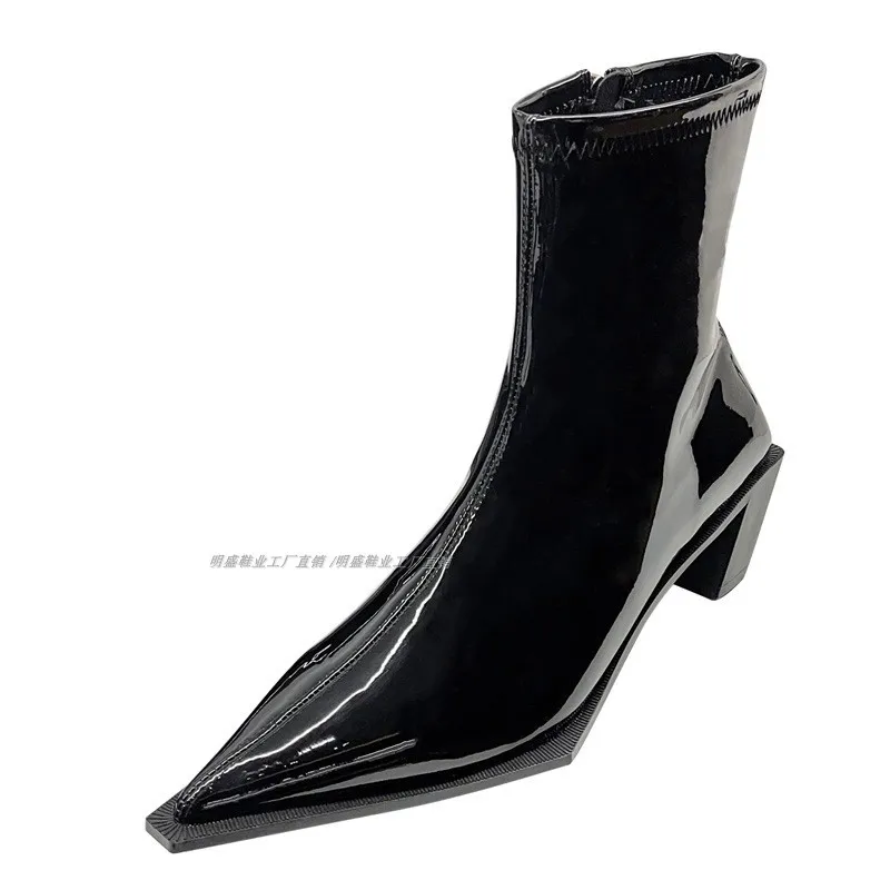 2022 Fashion Mid-calf Shoes Women Pointed Toe Strange Heel Boots Autumn Leather Textured Zipper Chelsea Boots