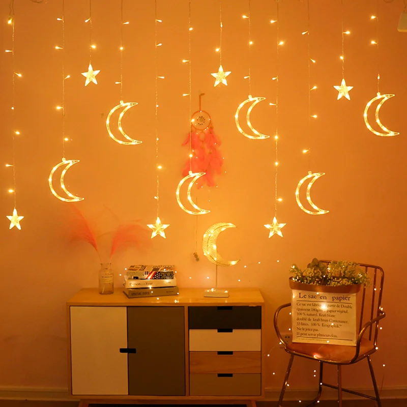 Moon Star LED Garland Curtain Fairy Lights String for Christmas New Year Wedding Party Ramadan Decoration for Home Room Lamp