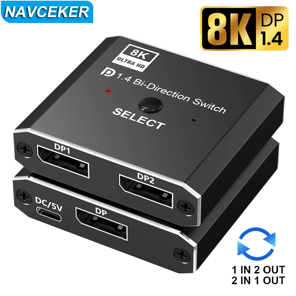 

8K Display port Switch Bi-Directional Manual Switch 2 in 1 Out Displayport Switcher DP1.4 Switch DP Splitter Converter docking