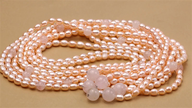 HABITOO Long Necklace 6-8mm Pink Oval Freshwater Pearl Rose Quartz Three-Strands 48inches Fine Elegant Jewelry Charming Gifts