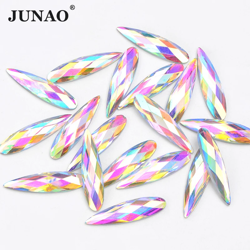 JUNAO 20Pcs 9*36mm Teardrop Strass Crystals Glitter Rhinestones Flat Back AB Colors Diamond Applique For Clothes Decoration